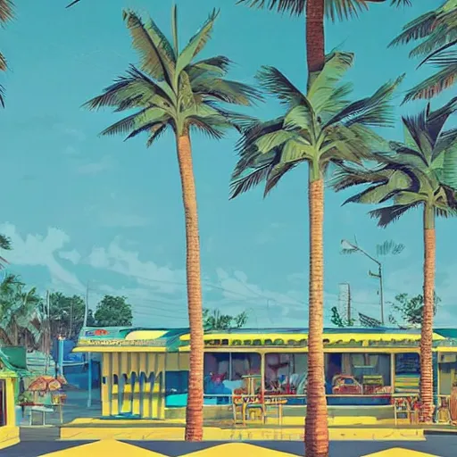 Image similar to inside psychedelic beachfront fast food restaurant with palm trees by simon stalenhag