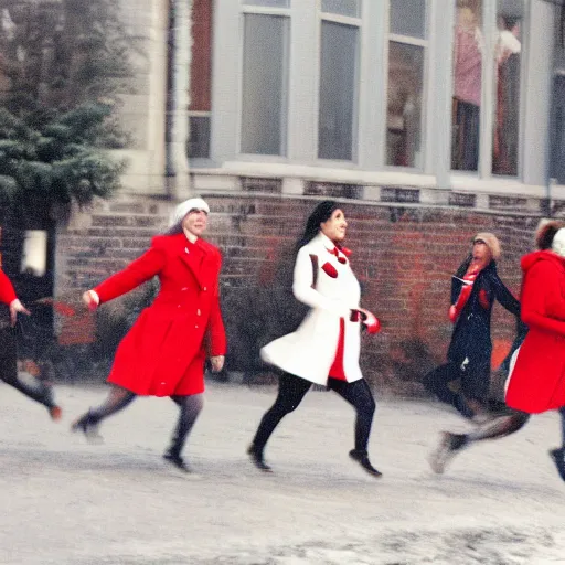 Prompt: sprinting women, wearing red coats,