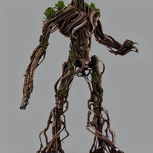 Image similar to mech inspired by groot, 4 k realistic photo