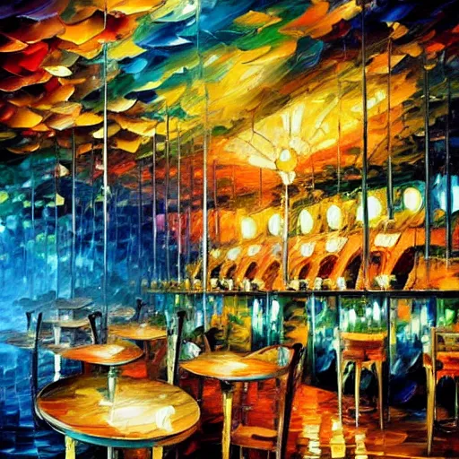 Image similar to beautiful leonid afremov highly detailed impasto! acrylic painting! of an underwater art deco lounge. bioshock, rapture, trending on artstation