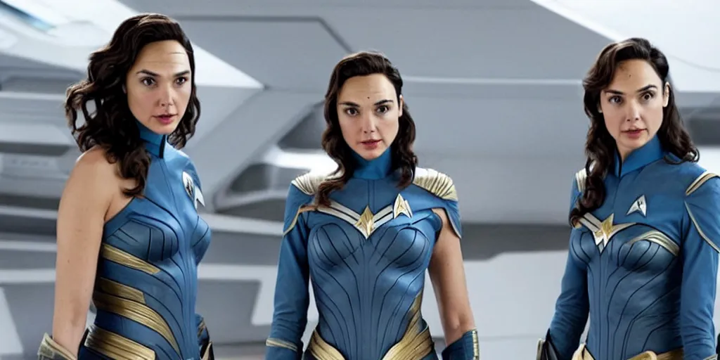 Image similar to Gal Gadot, in full starfleet uniform, is the captain of the starship Enterprise in the new Star Trek movie