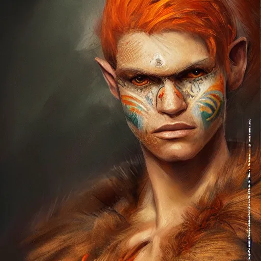 Image similar to portrait painting of an elven young man with short light orange hair and tribal tattoos on his face wearing fur armor, sharp focus, award - winning, trending on artstation, masterpiece, highly detailed, intricate. art by seb mckinnon