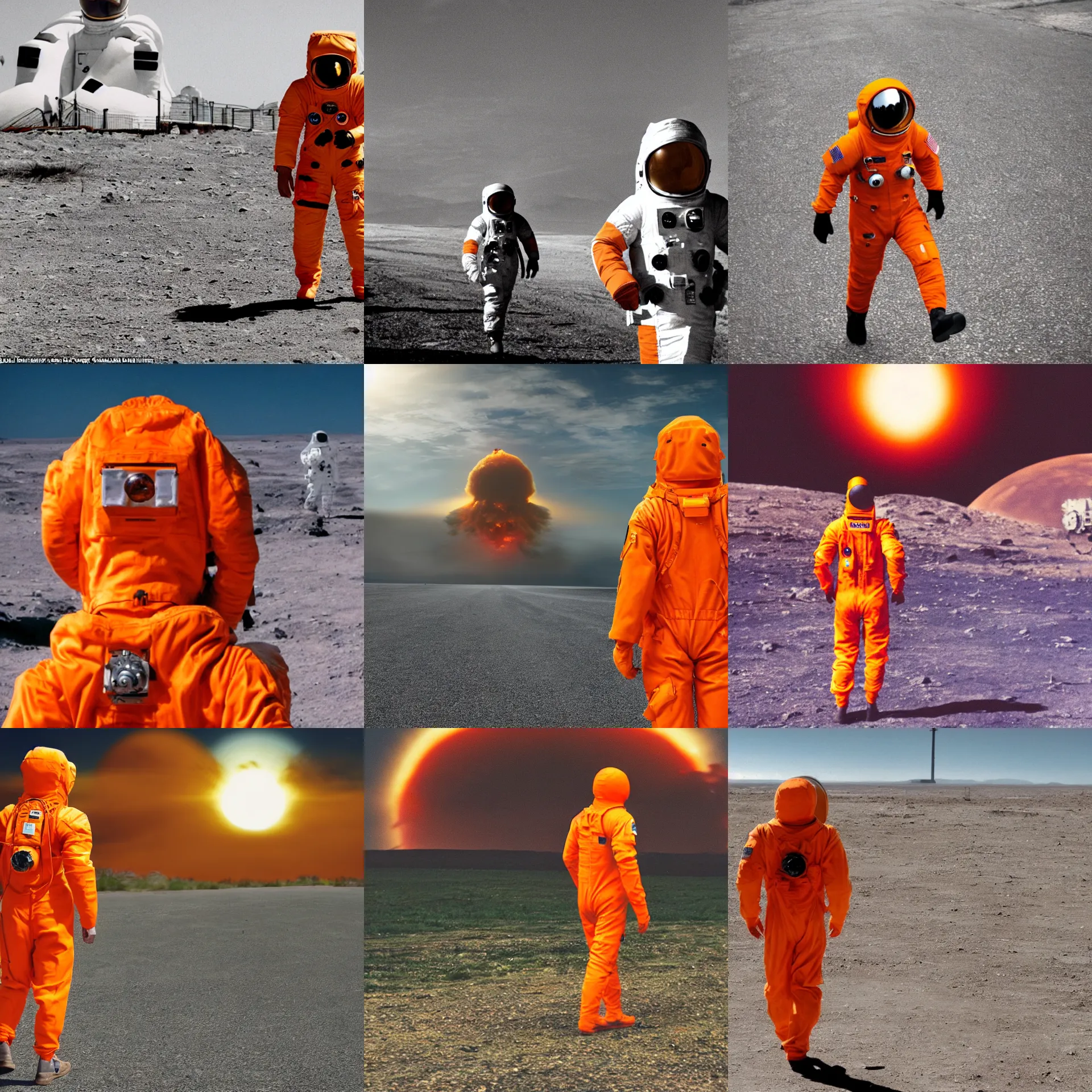 Prompt: a man wearing an orange astronaut suit walking, approaching and looking to the camera while a nuclear explosion it's occurring in the background