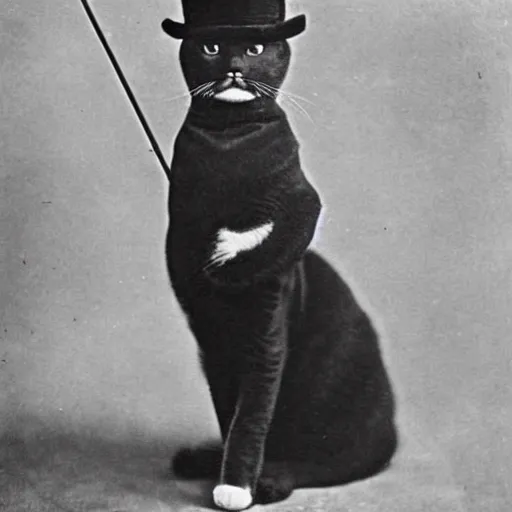 Prompt: a classy cat!! with a top - hat, he holds a cane, 1 8 9 0 vintage photo