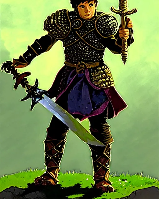 Image similar to beverly toegold the fifth, epic level dnd male halfling verdant paladin of the ancients and green teen, wielding a golden holy sword, wearing magical gleaming chainmail armor. full character concept art, realistic, high detail digital gouache painting by angus mcbride and michael whelan and jeffrey jones