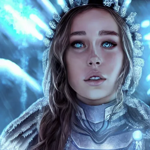 Image similar to alycia debnam carey as a cryomancer with ice aura, concept art, enchantress poses, snow flurry, Ray tracing reflection