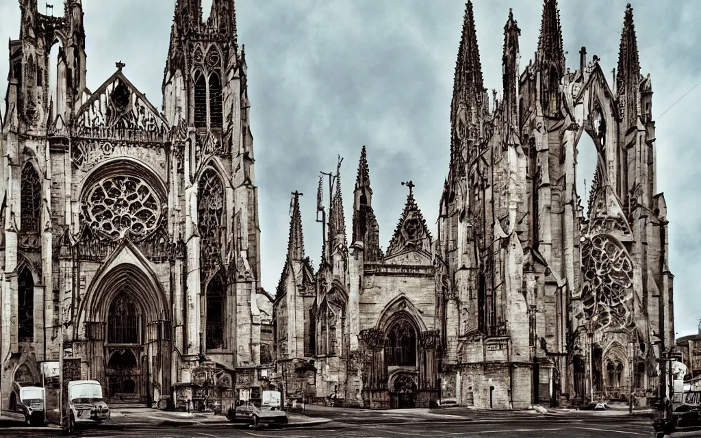 Image similar to street view of a cathedral made of flesh and bones, realistic, old color photograph, dynamic composition, creepy