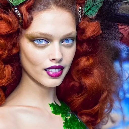 Prompt: A beautiful portrait of Emily Didonato smiling as Poison Ivy from Batman at Chanel & maybelline fashion show as a model Spring/Summer 2018, highly detailed, in the style of cinematic, Milan fashion week backstage, Extreme close up, Makeup by Pat McGrath, Hair by Guido Palau, Greg rutkowski