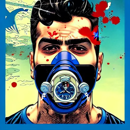 Prompt: a profile photo of a persian man with a diving oxygen mask with side profile blood in ocean intricate details by MARVEL comics and Sandra Chevrier-C