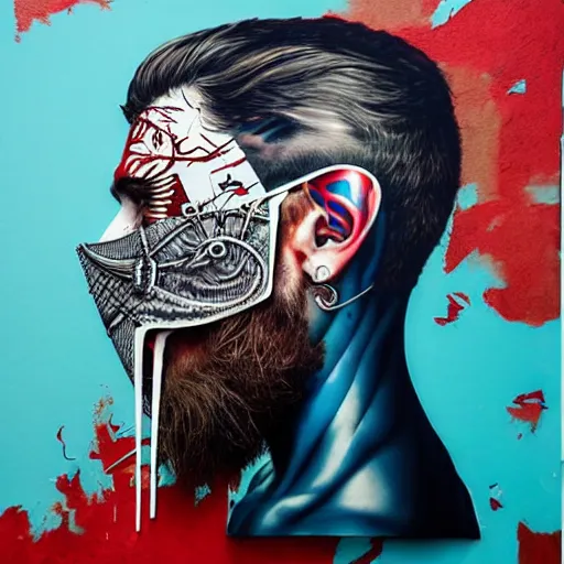 Image similar to a portrait of a back man with side profile blood in ocean intricate details :: side profile :: futuristic mask :: by vikings and Sandra Chevrier