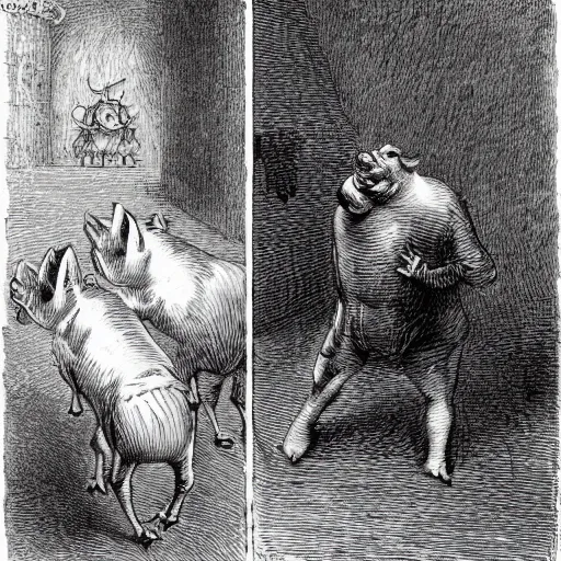 Image similar to Squealer the pig walking on two legs, creepy atmosphere, close-up, illustration by Gustave Doré, Animal Farm by George Orwell
