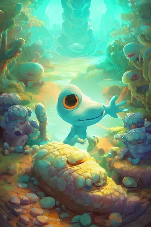 Image similar to smurf ghost creature animal sushi cristal very big eye roots cactus elemental flush of force nature micro world fluo fishscale, behance hd by jesper ejsing, by rhads, makoto shinkai and lois van baarle, ilya kuvshinov, rossdraws radiating a glowing aura global illumination ray tracing hdr