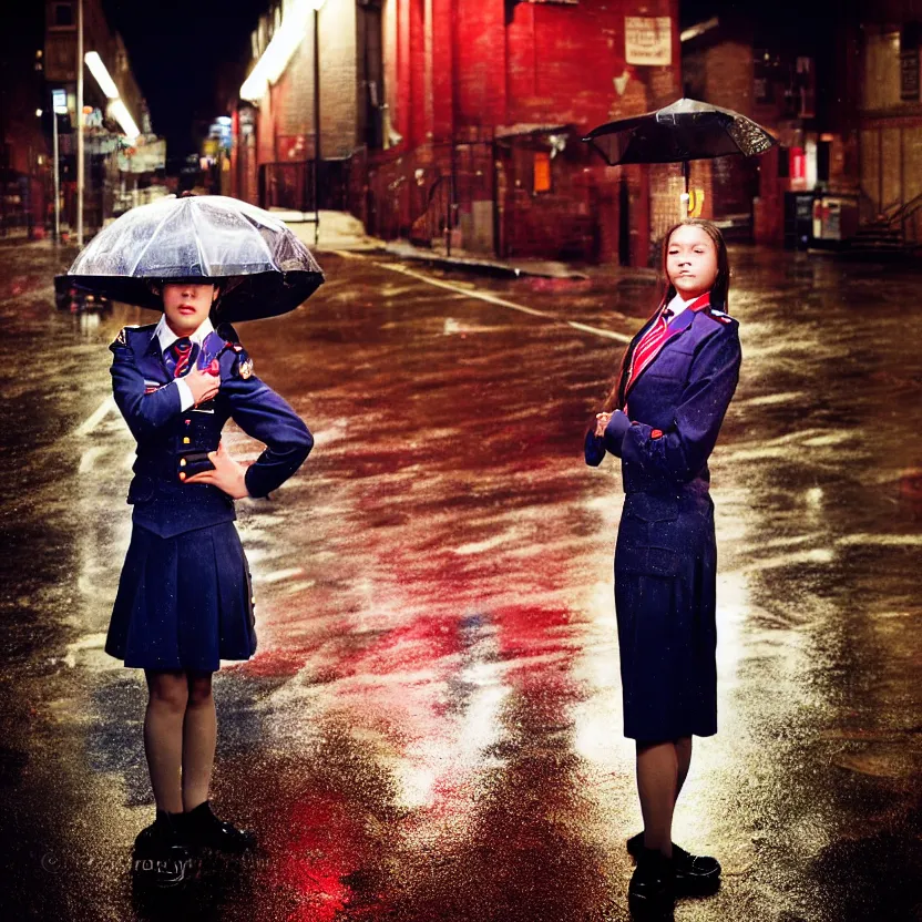 Image similar to night flash portrait photography of a high school girl in uniform on the lower east side by annie leibovitz, colorful, nighttime!, raining!