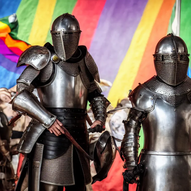 Prompt: High quality photograph from a middle aged Latin man with short hair, with facial hear, wear a medieval knight armor with open helmet, stands inside a queer pride rainbow bar UHD 8K