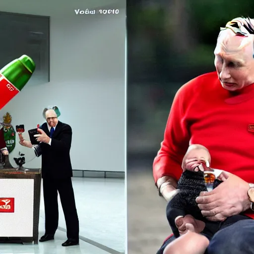 Prompt: vladimir putin giving a bottle shaped like a missile to a baby with the face of zelensky in his arms