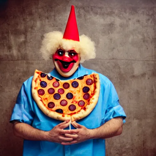 Image similar to clown cosplaying as a pizza, clowcore, michelin star food, clowncore funhouse, photo by annie leibowitz