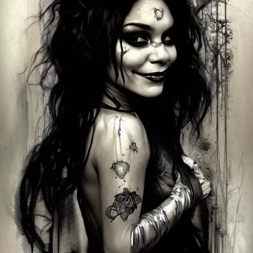 Image similar to beautiful portrait of vanessa hudgens as death from sandman, smiling, by cedric peyravernay, alphonse mucha, by jeremy mann, by lecouffe deharme, goth chic, soft lightning, eyeliner, punk rock, high detailed, 8 k