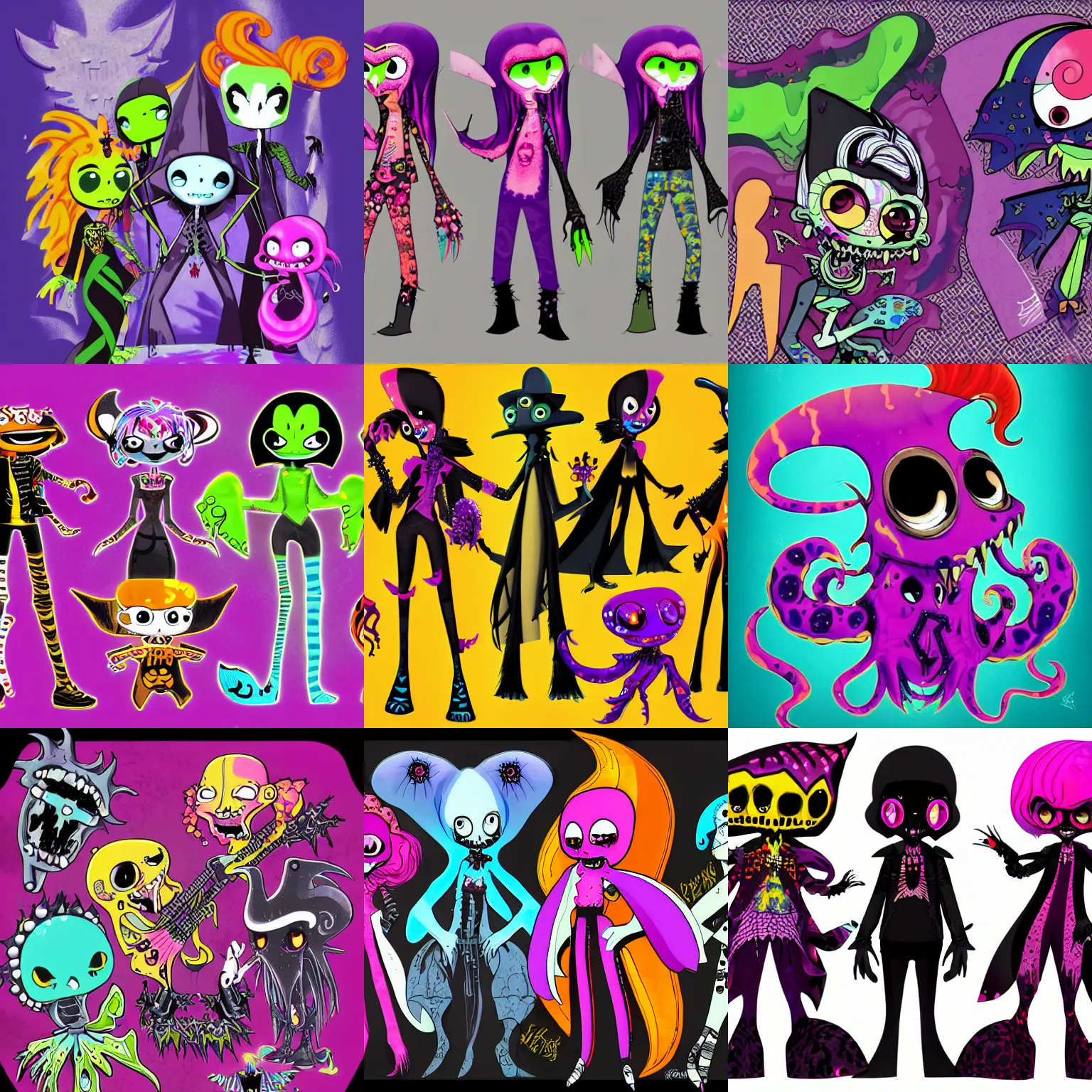 Prompt: lisa frank gothic punk vampiric rockstar vampire squid concept character designs of various shapes and sizes by genndy tartakovsky and the creators of fret nice at pieces interactive and splatoon by nintendo and the psychonauts by doublefine tim shafer artists for the new hotel transylvania film starring a vampire squid kraken monster