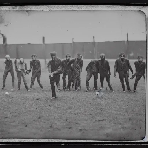 Prompt: daguerreotype photograph of zombies playing soccer