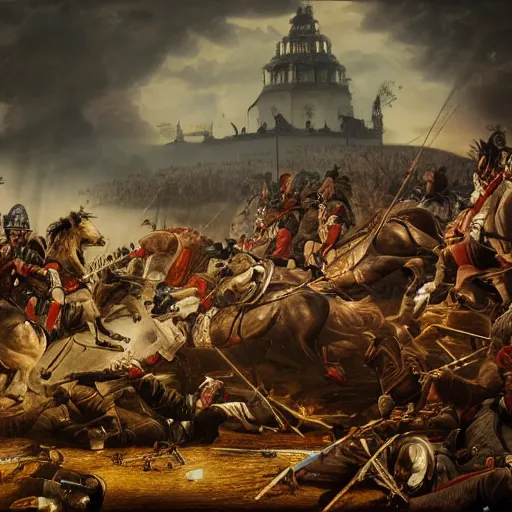 Image similar to Battle of Waterloo, realistic 4k octane beautifully detailed render, 4k post-processing, highly detailed, intricate complexity, epic composition, magical atmosphere, cinematic lighting, masterpiece, ultra hd