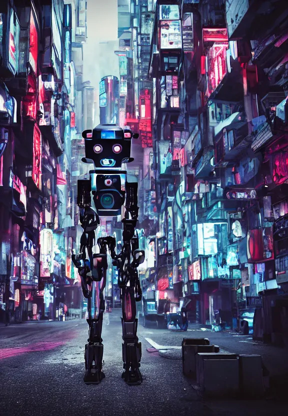 Image similar to a sad photograph two evil robots point each other, large shot, wide shot, in a street, cyberpunk photo,