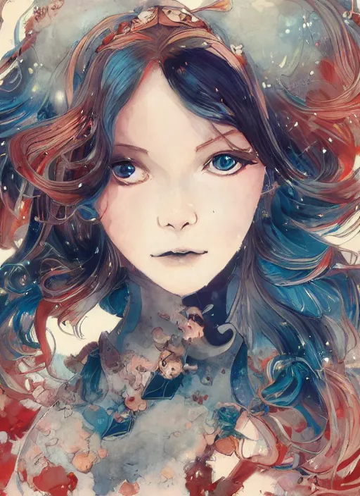 Prompt: highly detailed portrait of a beautiful automaton lady with blue wavy hair, by dustin nguyen, akihiko yoshida, greg tocchini, greg rutkowski, by kaethe butcher, 4 k resolution, nier : automata inspired, bravely default inspired, vibrant but dreary but upflifting red, colourful colour scheme!!! ( ( space nebula background ) )