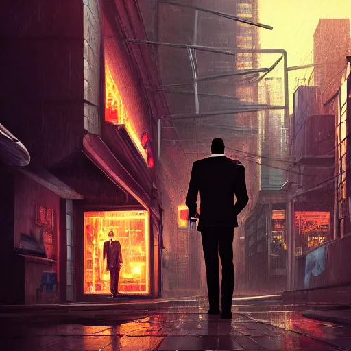 Image similar to portrait of a businessman handing the viewer a briefcase, detailed digital illustration by greg rutkowski, cyberpunk back alley, nighttime