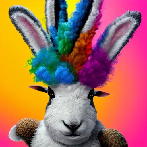 Prompt: cute wooly sheep with long fluffy bunny rabbit ears and colorful mohawk hairstyle hybrid animal detailed painting 4 k