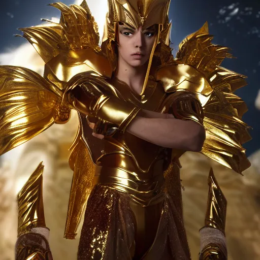 Prompt: a live action menacing, medium close - up, studio studio photographic portrait of the gold saint of geminis from saint seiya : knights of the zodiac, wearing gold armor, gemini gold cloth, in the background is the old temple of athena ( greece ), photoshopped, octane render, hyperrealistic, ultra detailed, symmetrical, 8 k, arnold render