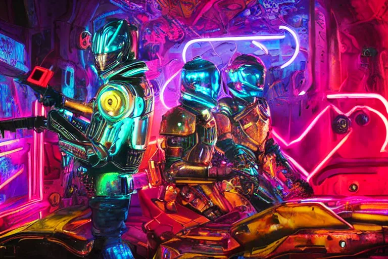 Prompt: knights of Cydonia in futuristic armor ride in neon light in corroded graffit style,