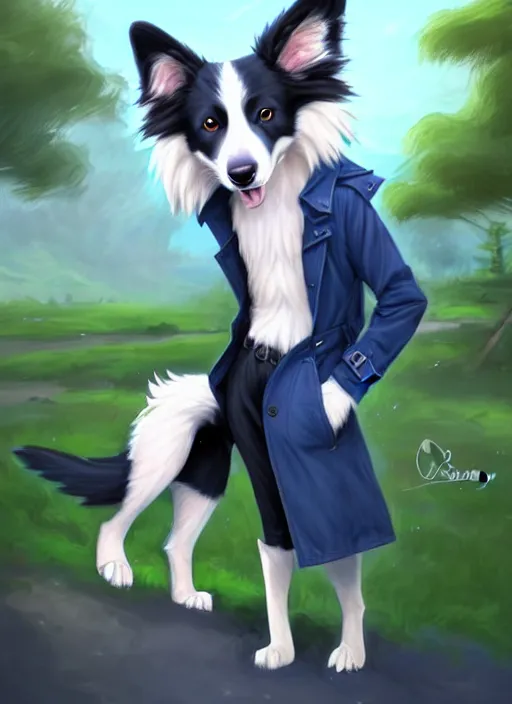 Image similar to full body digital painting of a cute male anthropomorphic border collie fursona wearing a trenchcoat and blue denim shorts in front of a park, furaffinity, scenic background, intricate, elegant, beautiful, fantasy, highly detailed, trending on artstation, art by charlie bowater and henry asencio and and ross tran