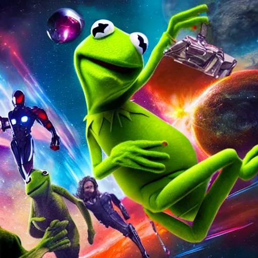 Image similar to the avengers battle kermit the frog in space, galaxy, hd, explosions, gunfire, lasers, spatula, giant, epic, showdown, colorful, realistic photo, unreal engine, stars, prophecy, epic oil painting, powerful, diffused lighting, destroyed planet, debris, justice league