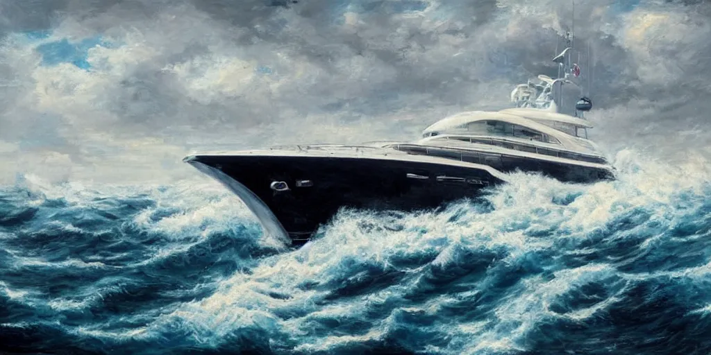 Image similar to motor yacht in a turbulent sea, 8 k, expressive, highly detailed, aiwasowski style,