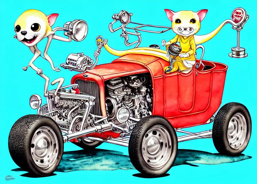 Image similar to cute and funny, margay riding in a tiny 1 9 2 3 ford t - bucket with oversized engine, ratfink style by ed roth, centered award winning watercolor pen illustration, isometric illustration by chihiro iwasaki, edited by range murata, tiny details by artgerm and watercolor girl, symmetrically isometrically centered