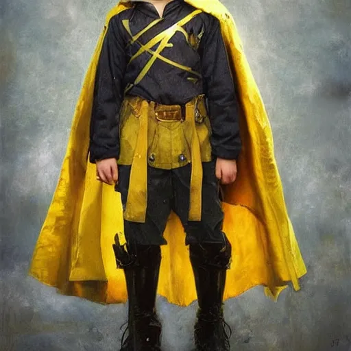 Prompt: a teenage boy with blue eyes and curly brown hair smiling arrogantly. Wearing a yellow cape and dressed like a demigod By Ruan Jia, Norman Rockwell and Geoffroy Thoorens, Trending on ArtStation. Masterpiece. Rule of thirds.