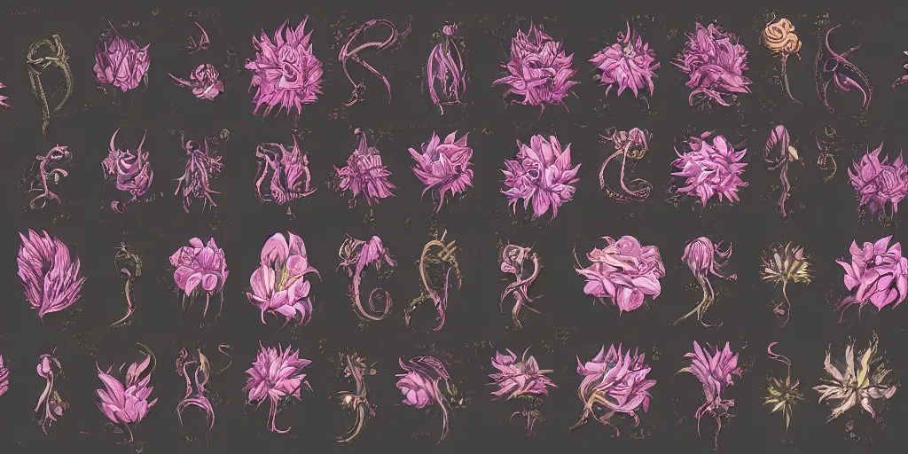 Image similar to reference sheet of unique lovecraftian flower on black background, in gouache detailed paintings, props, stylized, 2 d sprites, kitbash, 8 k, close up