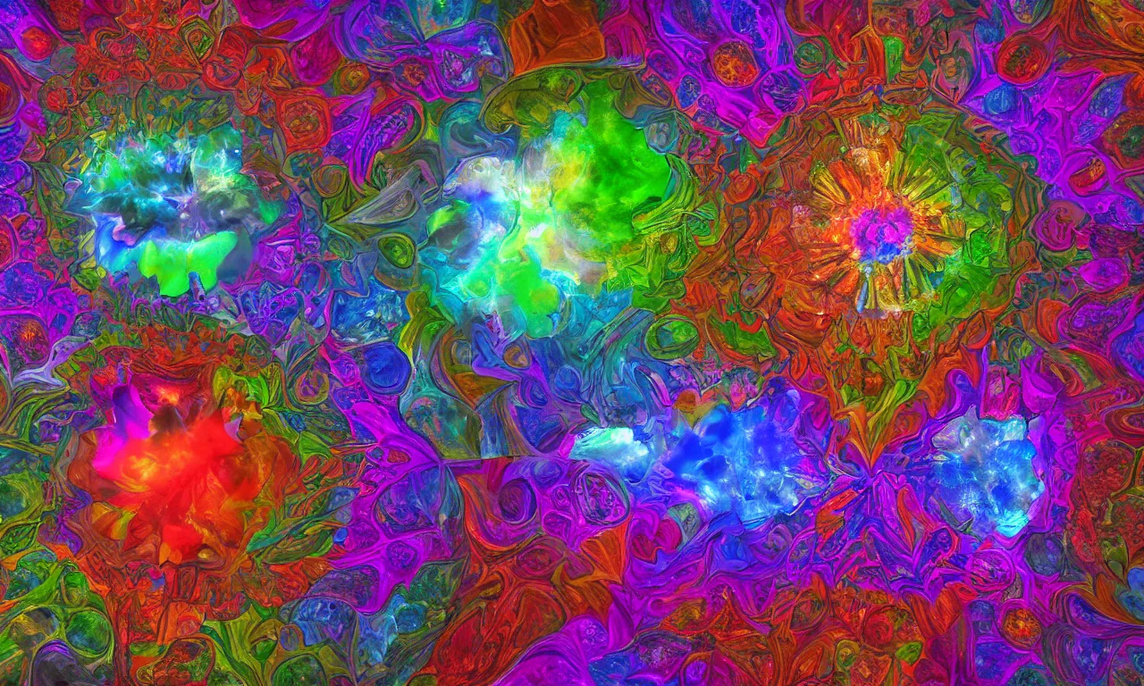 Image similar to acrylics blob voronoi engine laboratory 3 d volume kaleidoscope mandala fractal chakra digital multicolor stylized concept substance liquid nebula stone, a spectacular view cinematic rays of sunlight comic book illustration, by john kirby radiating a glowing aura global illumination ray tracing hdr depth fog overlay multiply photoshop layer