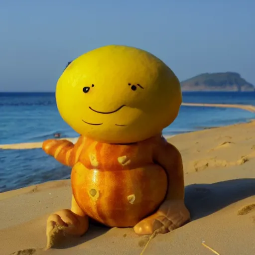 Prompt: a humonid muscular lemon cartoon character, is relaxing on a beach,, inspired by dalle - 2 generations