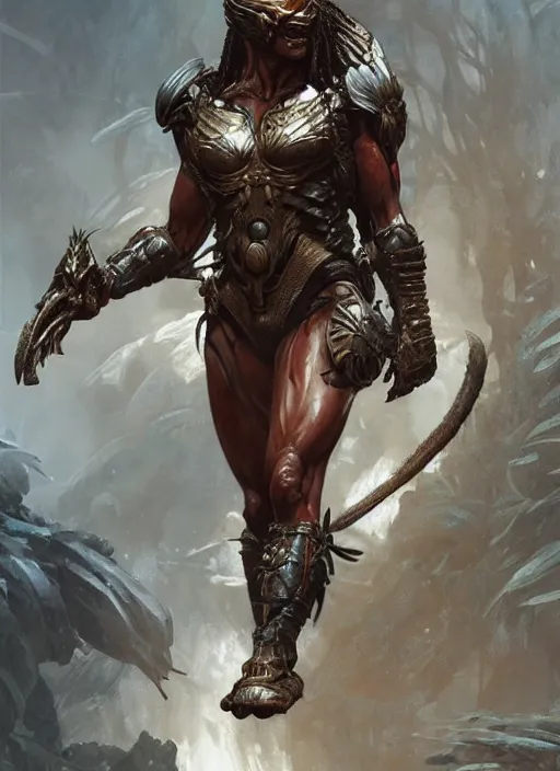 Image similar to The Predator, warrior scene, fantasy, intricate, elegant, highly detailed, digital painting, artstation, concept art, smooth, sharp focus, illustration, fine art by artgerm, greg rutkowski, alphonse mucha