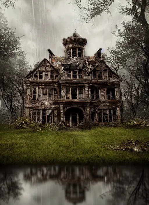 Image similar to an abandoned hell mansion on a ominous forest biome by pixar, smooth, cinematic, wet reflections, ray tracing x, rtx, smooth