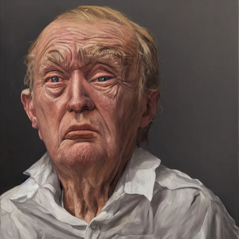 Prompt: hyperrealistic close up studio portrait of aging old Donald Trump age 98 wrinkled miserable, oil painting by Ivan Albright and Lucian Freud and Ron Mueck, trending on artstation Studio lighting hyperrealism