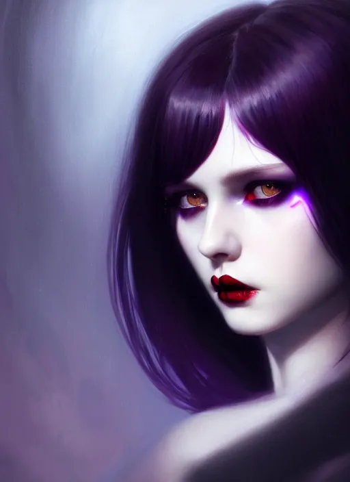 Image similar to portrait of naturally pale goth girl, red irises, black hair, white bangs, purple lipstick, intricate, elegant, glowing lights, highly detailed, digital painting, artstation, concept art, smooth, sharp focus, illustration, art by wlop, mars ravelo and greg rutkowski