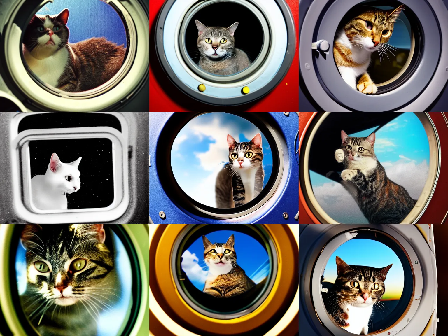 Prompt: The cat looks out of the porthole with his back to me, background is plane in space, soft light