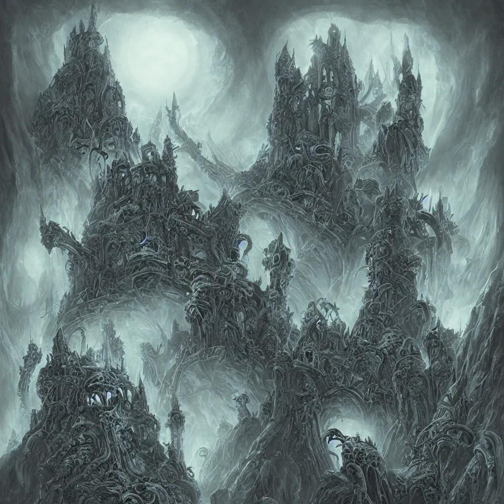 Image similar to art nouveau alien tentacle eyeball castle, cyclopean tower and demonic skull dragon church in the mountains of antarctica, upward cinematic angle, by rodney matthews, bill sienkiewicz and dan seagrave, stonepunk, cold atmosphere, striking composition, ghost faces, skulls, evil symbols, intricate, strange, ornate, digital art, hyperdetailed, colorful, hyperrealism, photorealism, 8k