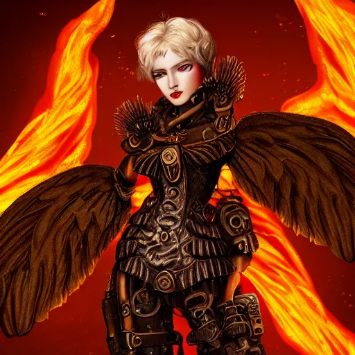 Image similar to pretty blond steampunk seraphim surrounded by lava, 8 k, shallow depth of field, 8 k, ultra high detail, concept art,