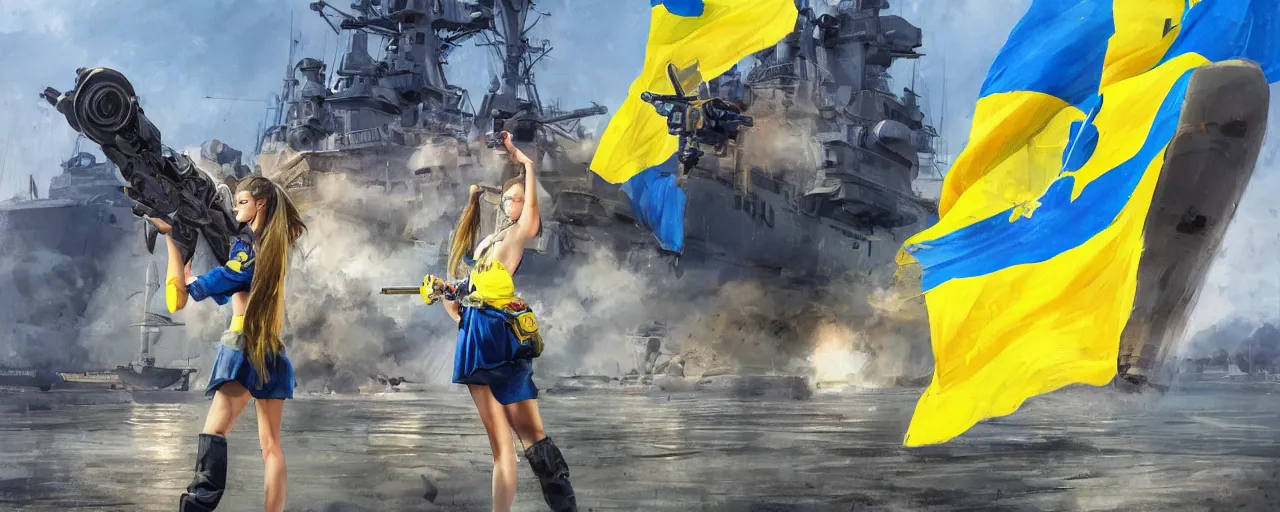 Prompt: third person views of a Ukrainian girl in national clothes with blue and yellow stripes in her hair and gun in her hands ready to fight standing against a huge Russian flag warship, concept art, highly detailed, smooth, sharp focus, illustration, wide shot, cinematic, 8k, art by Greg Rutkowski, trending on Artstation