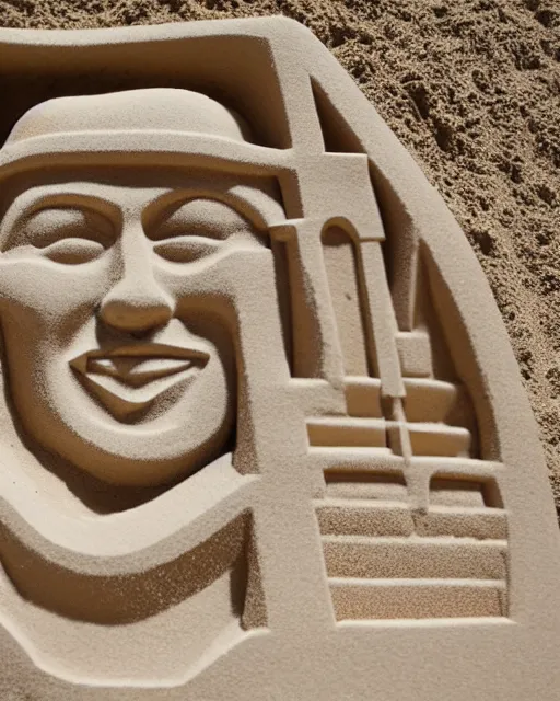 Image similar to a detailed sandcastle with the face of anonymous