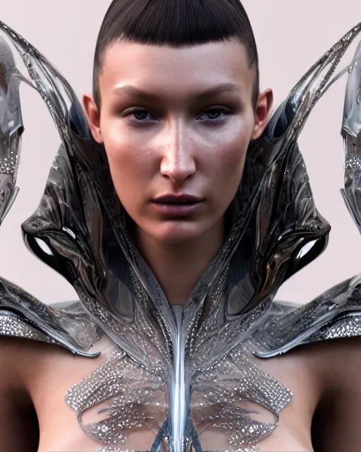 Prompt: a highly detailed metahuman 8 k close up render of bella hadid in iris van herpen with facial accessories made in unreal engine 4