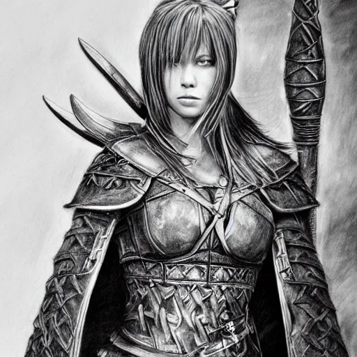 Image similar to hyper realistic pencil drawing of tifa lockheart as an viking warrior princess cloak, fantasy, dark, stunning, detail, sharp