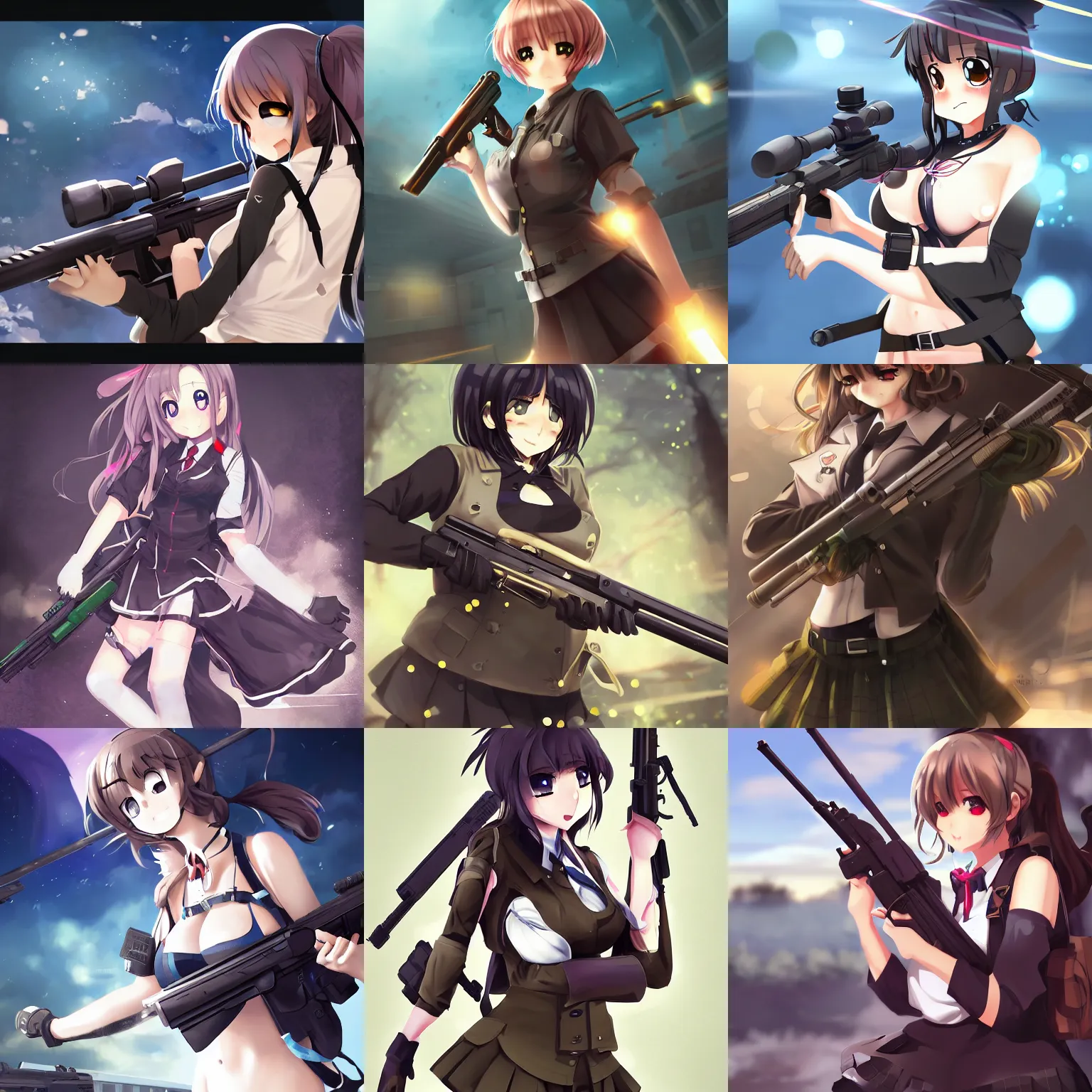 Prompt: anime, full body, cute, female, big breasts, a cute girl wearing a school uniform and holding a sniper rifle, gun fight, light and shadow effects, highly detailed, digital painting, art station, sharp focus, illustration, concept art, advanced digital anime art